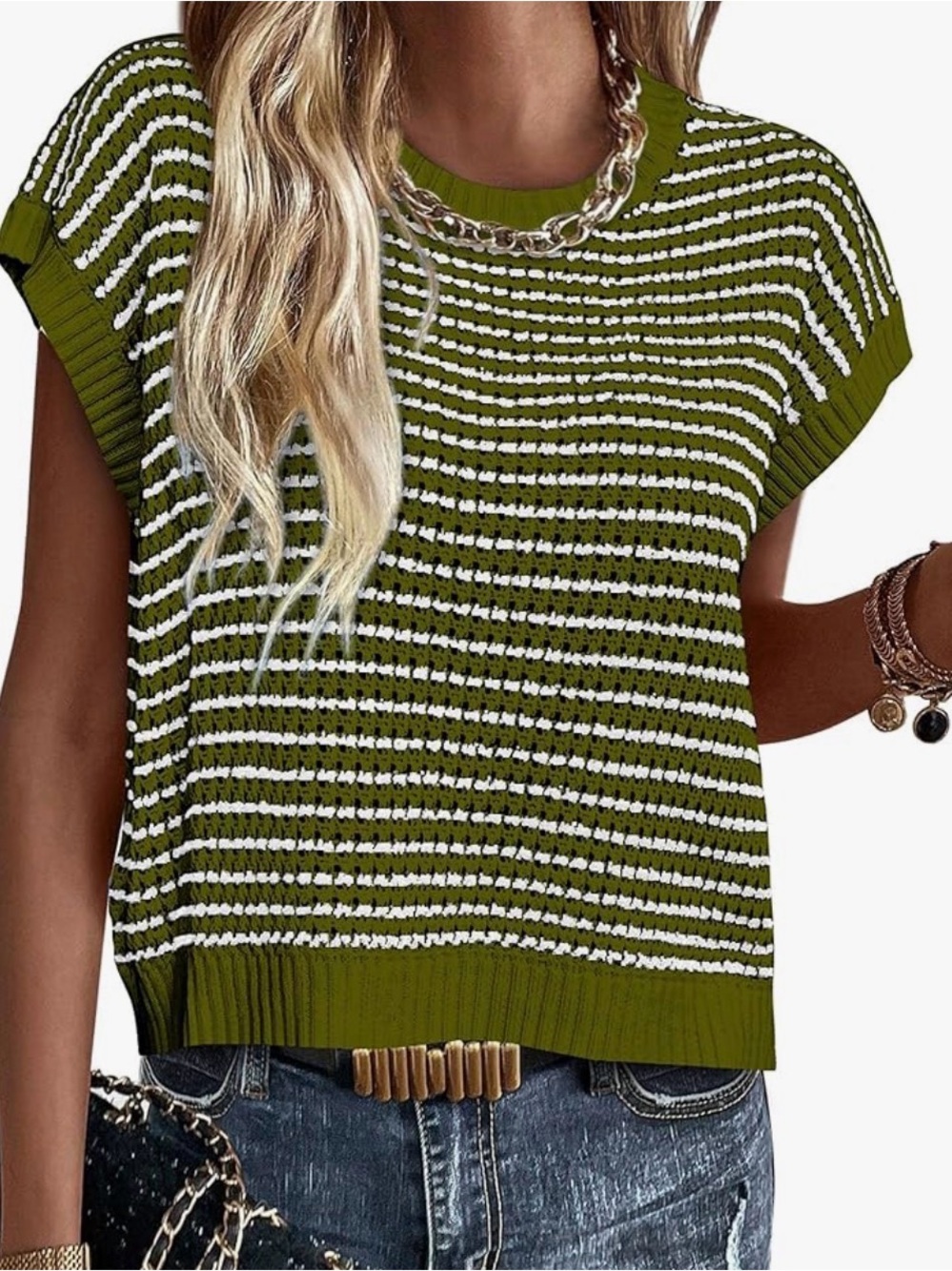 Olive & White Striped Knit Short-Sleeve Sweater - Unbranded